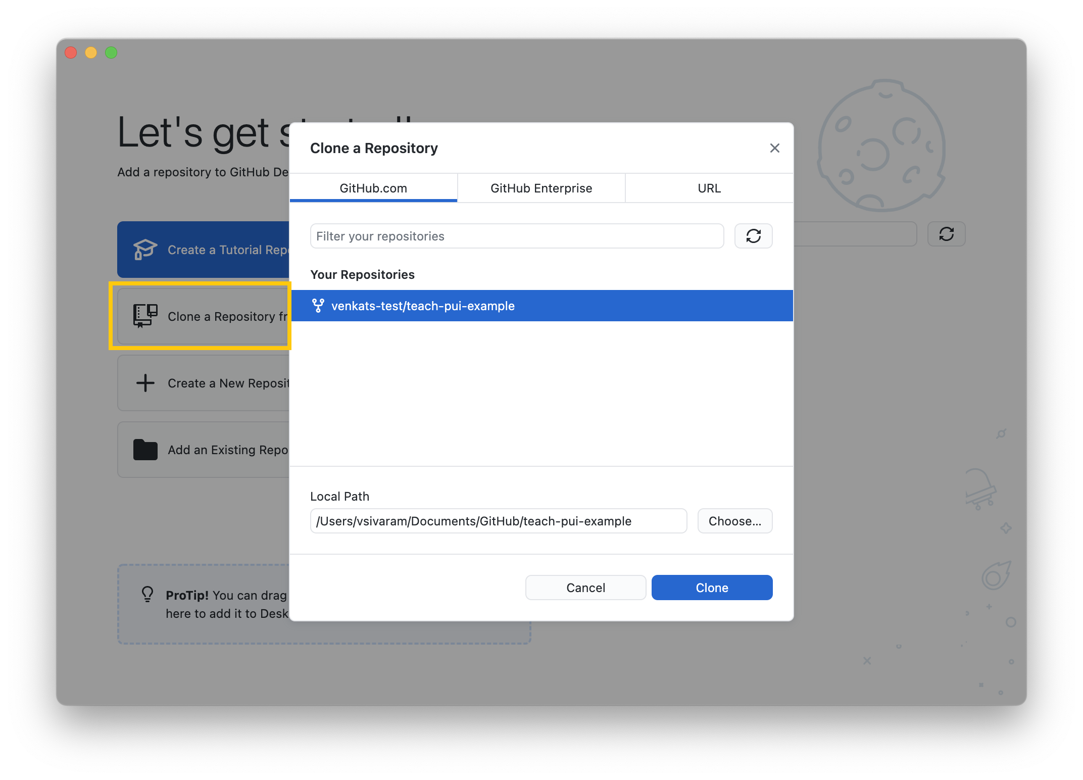 Screenshot of dialog giving options for cloning the homework example repository in GitHub Desktop.