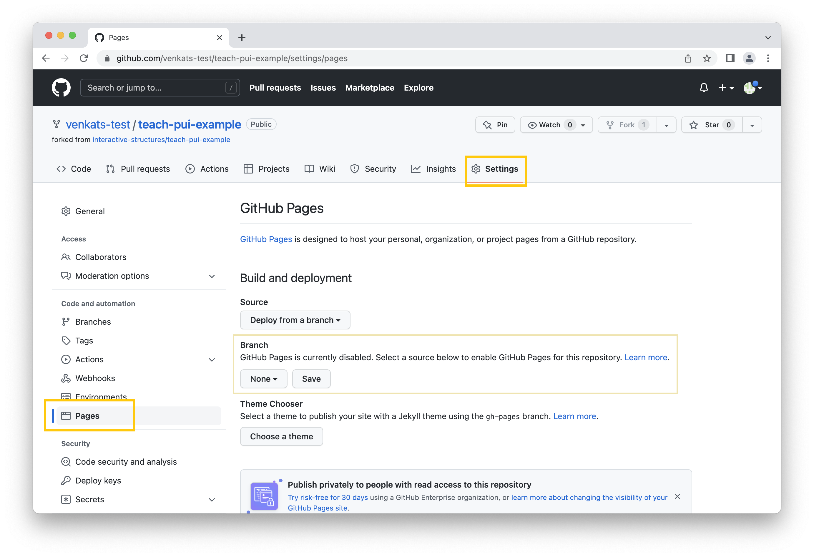 Screenshot of GitHub Pages configuration page.